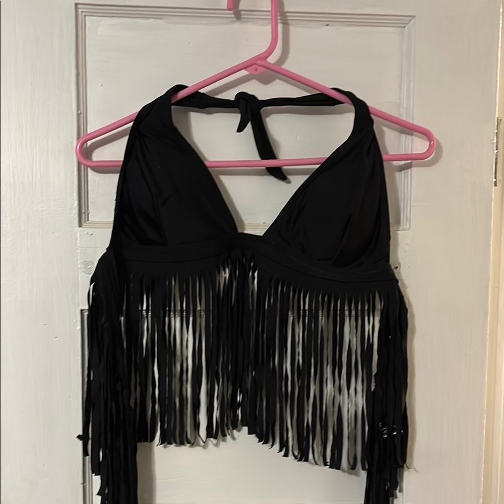 Black Fringe Halter Bikini Top